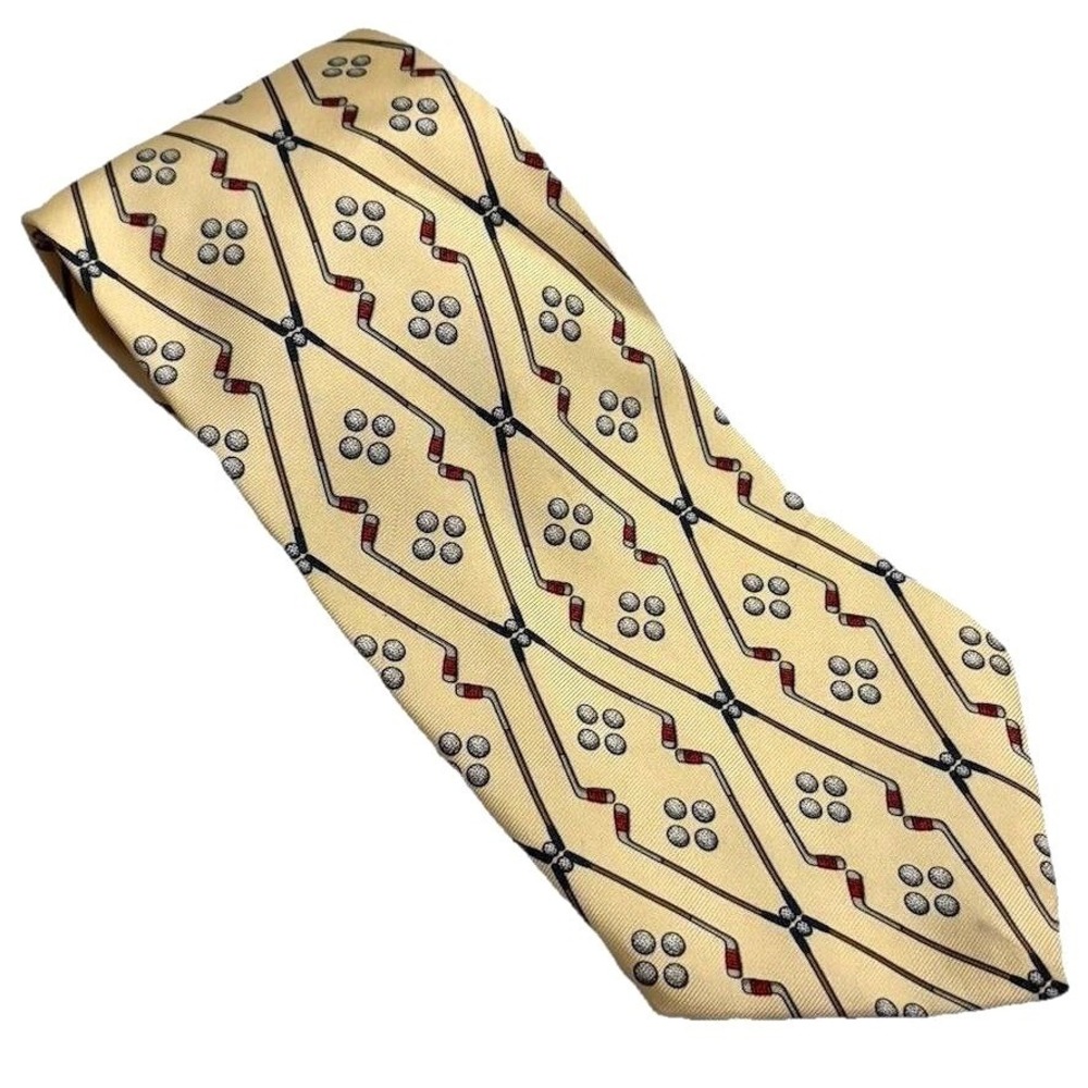 Vtg 90s Ralph Lauren Chaps 100% Silk Wide Tie Golf Ball Club Yellow Made in USA
